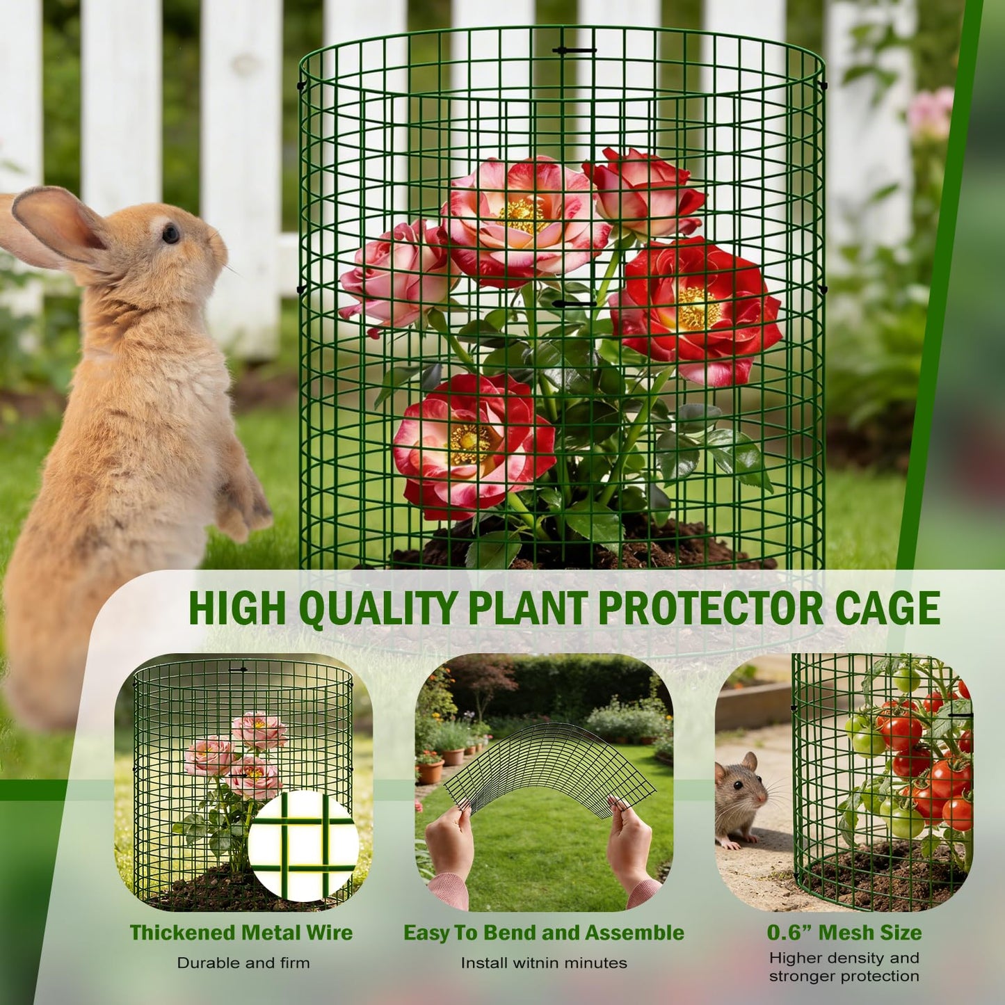 Uyittour 10 Pack Plant Protectors from Animals, 12" x 12" Round Metal Wire Garden Plant Cages to Keep Animals Out, Rabbit Proof Protection for Vegetables & Flowers with Stakes, Zip Ties & Gloves