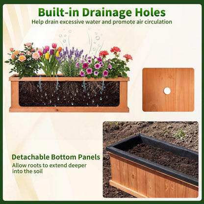 Giantex Raised Garden Bed with 3 Drainage Holes, 44”x10”x12” Wooden Elevated Planter Box w/Removable Bottom & Bed Liner, Elevated Flower Bed, Rectangular Plant Container for Vegetables Herbs & Fruits