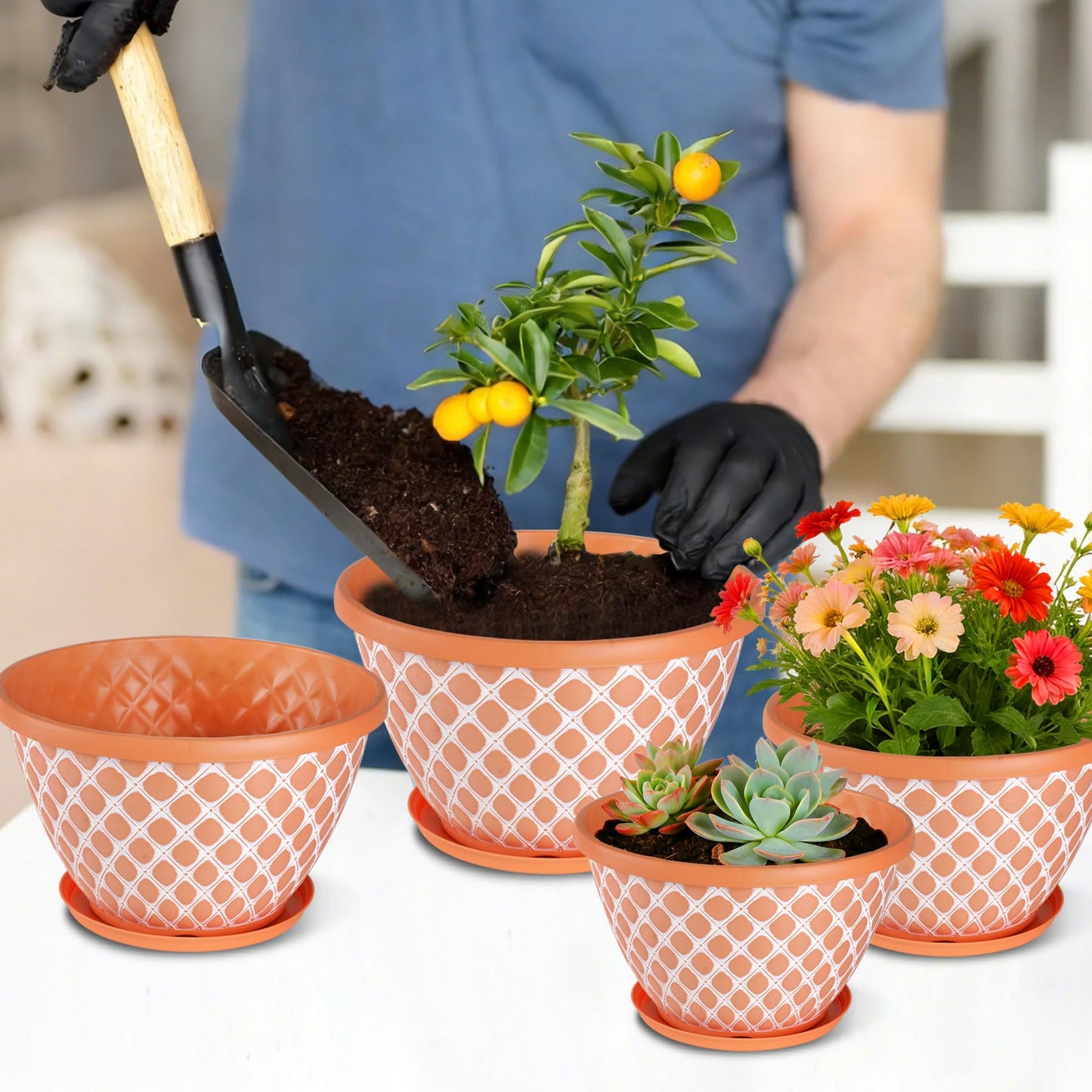 Nooulap 6 Pack 8 Inch Plant Pot, Flower Pots for Indoor Outdoor, Durable Decorative Planters for House Garden Plants Herbs Flowers Succulents, Orange and White Checkered Design