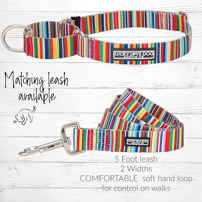 Lucky Love Dog Martingale Dog Collar & Leash - Adjustable, No-Slip, Durable, Comfortable, Soft Webbing, & Stylish Patterned Collar & Leash Set for Male and Female Dogs - Hippie Combo, Medium