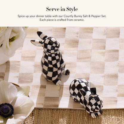 MACKENZIE-CHILDS Bunny Salt and Pepper Shaker Set, Ceramic Salt and Pepper Holders, Black-and-White Courtly Check
