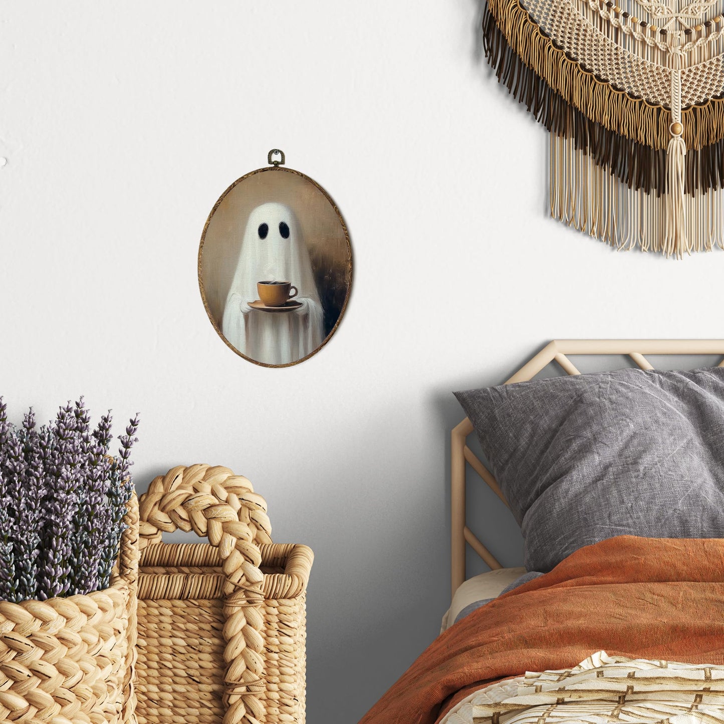 OINDADE Halloween Ghost Coffee Oval Wall Art Decor, Fall Spooky Coffee Ghost Wall Art Hanging Decor, Halloween Fall CoffeeLovers Framed Canvas Artwork for Kitchen Living Room Home, 8.8x11.5in