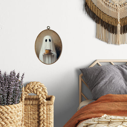 OINDADE Halloween Ghost Coffee Oval Wall Art Decor, Fall Spooky Coffee Ghost Wall Art Hanging Decor, Halloween Fall CoffeeLovers Framed Canvas Artwork for Kitchen Living Room Home, 8.8x11.5in