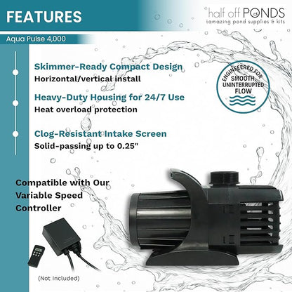 HALF OFF PONDS Submersible Water Pump, 4,000 GPH Pond Pump with 33FT Power Cord and 21FT Max Head, 276W Ultra Quiet Energy Efficient Pump for Koi Pond, Fountain, Waterfall, Water Garden, Skimmer