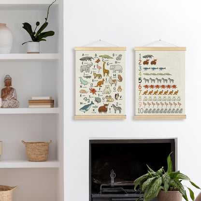 BCUANGD Alphabet Educational Wall Decor - Neutral Ocean Coastal Animals Poster Hanger with Wood Frames Set of 2, Kids ABC Numbers Wall Hanging Canvas Decor for Home Playroom Kids Room, 12x16 Inches