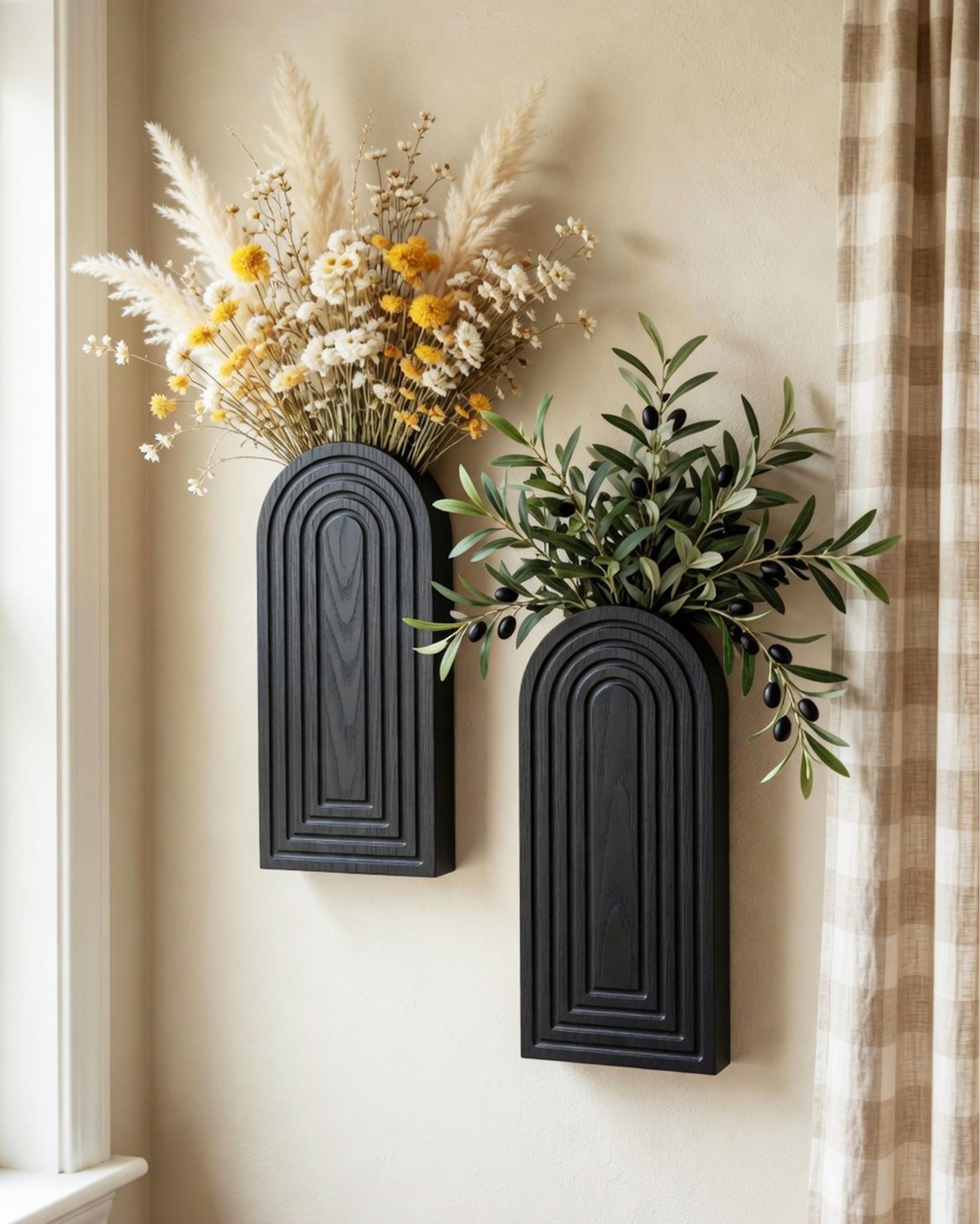 2 Pack Wooden Wall Vase Set - Boho & Modern Farmhouse Wall Decor, Hanging Planter for Indoor Plants & Flowers, Wood Mounted Art for Living Room, Bathroom, Hallway, Home Decor (Black, Medium)