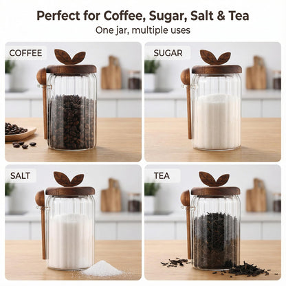 Splotiva Glass Coffee Canister with Wooden Lid & Spoon, Airtight Food Storage Jar for Coffee, Sugar, Salt, Tea & Snacks (17floz x 2)