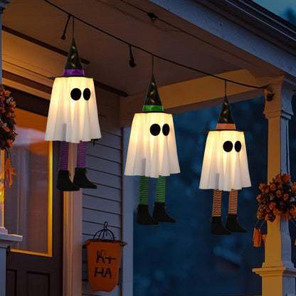 JOYIN 23.6'' 3PCS Halloween Hanging Ghosts Decorations Outdoor, Warm Light Up Ghosts Tree Decors with Witch Hats & Timer, Halloween Decorations for Yard Patio Garden Outside Haunted House Party