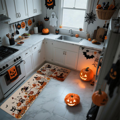 Moutina Happy Halloween Ghost Mushroom Pumpkin Skeleton Decorative Kitchen Rugs Set of 2, Halloween Holiday Party Home Decor Low-Profile Kitchen Mats for Floor - 17x29 and 17x47 Inch