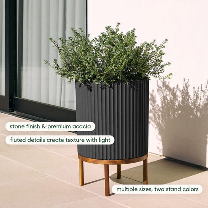Veradek Demi Series Round Planter w/Stand for Porch/Patio | Durable Plastic-Stone Composite & Wooden Stand | Modern Décor for Tall Plants, Flowers
