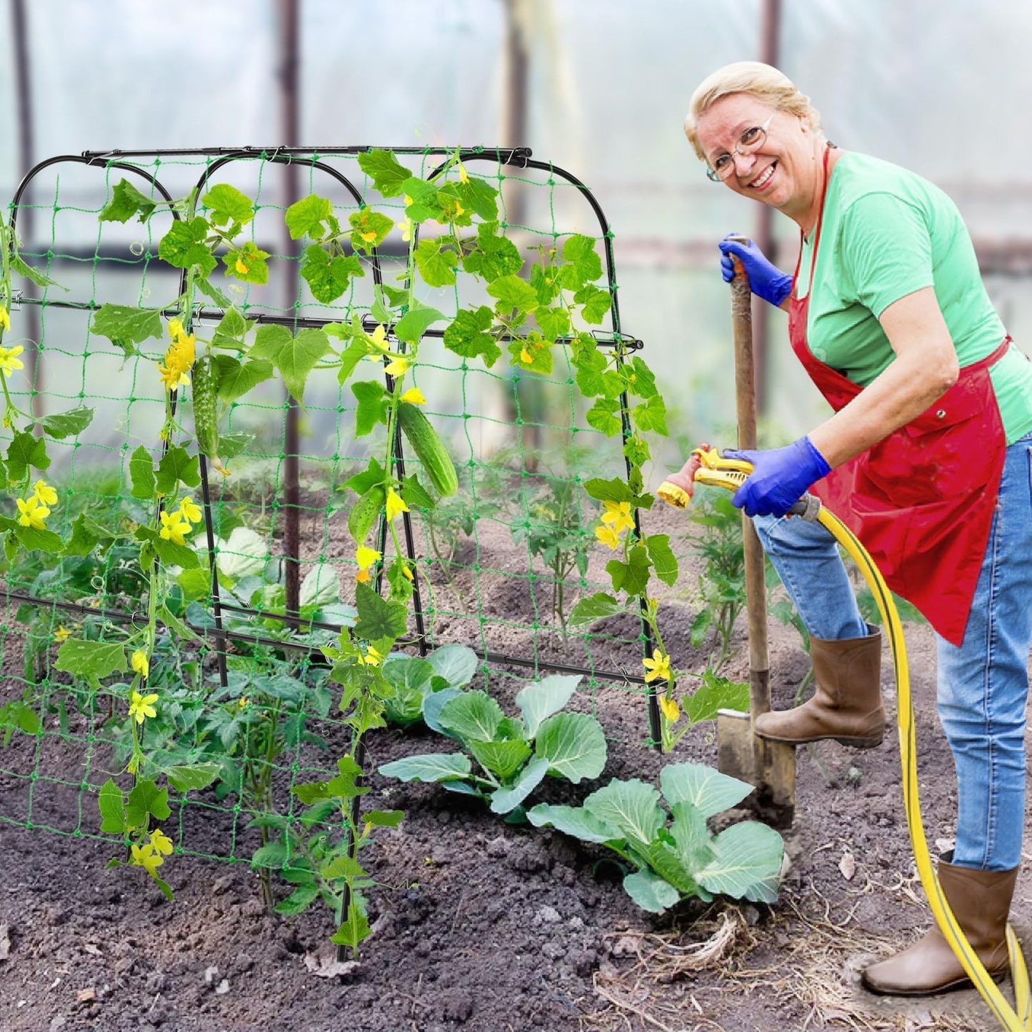 FOLLOOK Cucumber Trellis for Raised Garden Bed, Rustproof Metal Garden Arch Trellis for Climbing Plants Support Outdoor Fruit Grape Vine Vegetable Tomato Pole Bean Snap Pea Trellis, 48x48inch, Black