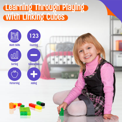 100 Math Linking Cubes, Math Cubes with 320 Reusable Stickers Manipulative Geometric Shapes Connecting and Counting Snap Blocks for Early Math & Construction, Educational Toy for Preschool, Homeschool
