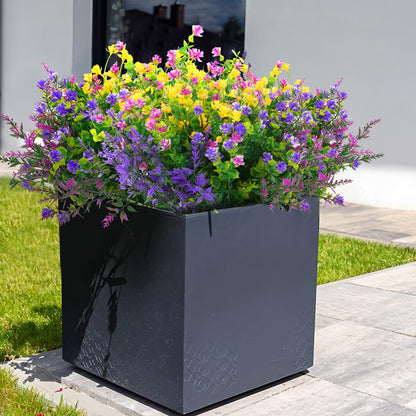 Hananona 12 Pcs Artificial Flowers Outdoor, Faux Artificial Plants UV Resistant Plastic Flower Bulk for Hanging Planter Porch Window Home Wedding Fall Summer Decor (12, Fuchsia, Purple, Yellow, Green)