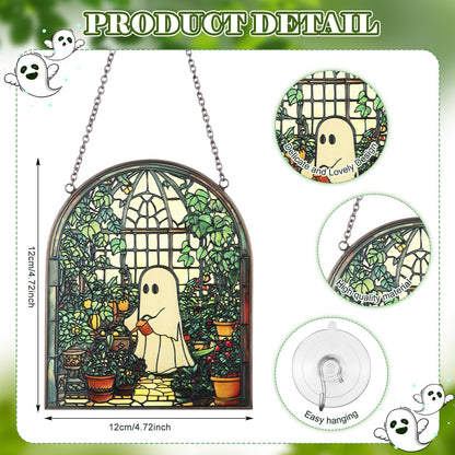 Colingmill Ghost Plant Suncatcher Cute Ghost Greenhouse Suncatcher Ornament Halloween Stained Glass Light Catcher, Halloween Garden Window Family Art Wall Decor, Plant Lovers Gift for Mom