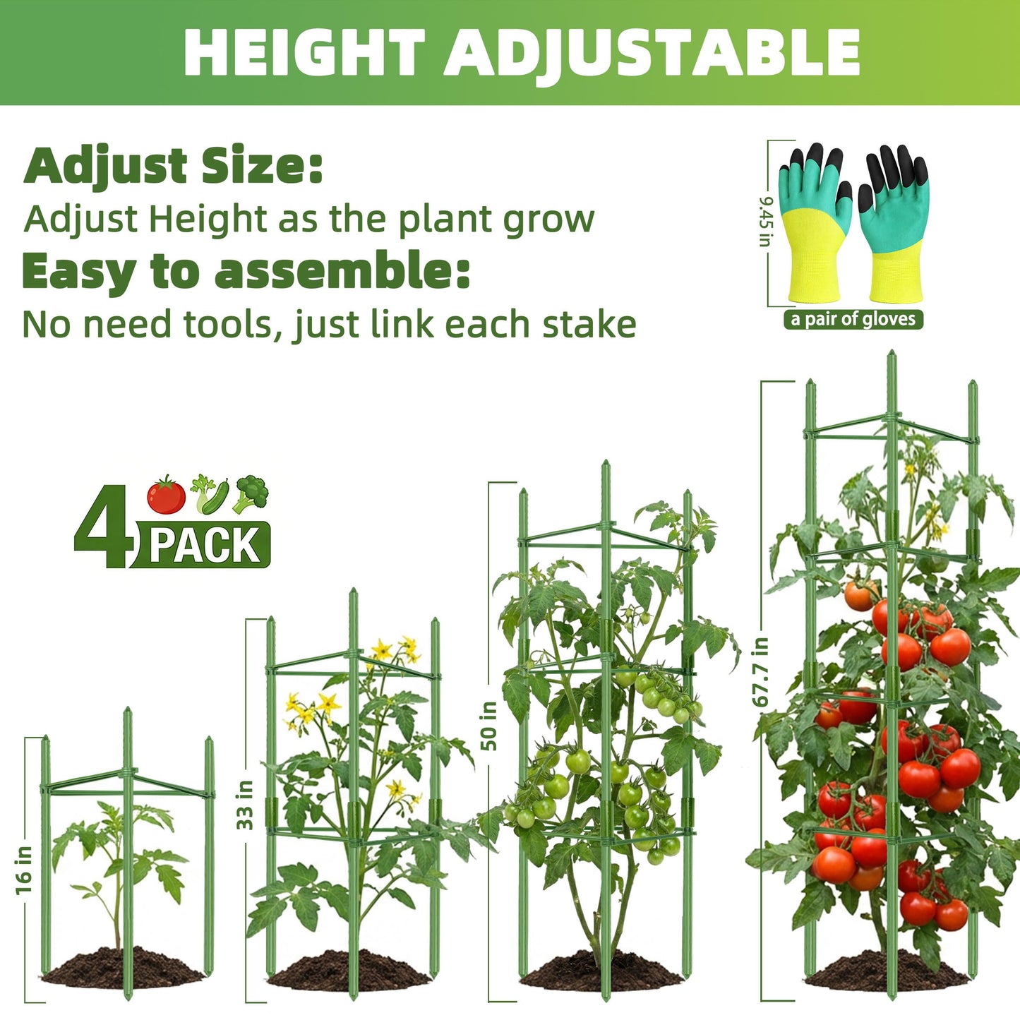 EWPJDK 4-Pack Tomato Cage for Garden Plant Support 48 INCH Garden Stakes Adjustable Tomato Cage for Climbing Plants Pots Vegetables Flowers Fruits (4, 48 Inches)