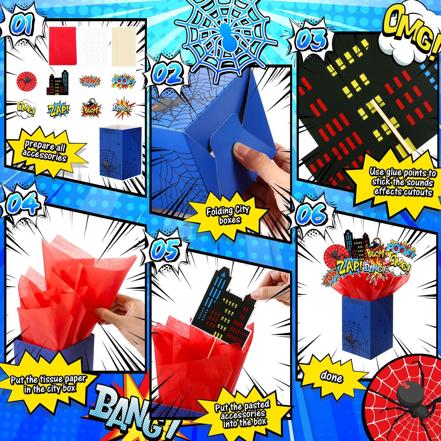MotiMind 6 Sets 74 Pcs Spider Party Centerpieces Spider themed Party Decorations Table Toppers with Box Circus Sound Effect Cutouts and Sticks Tissue Paper for Baby Shower Birthday Decor