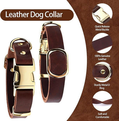 Leather Dog Collar and Leash Set, 6FT Heavy Duty Leather Training Leash with Adjustable Dog Collar, Soft and Durable Dogs Leashes and Collars Set for Small Medium Large Dogs (Brown, L)