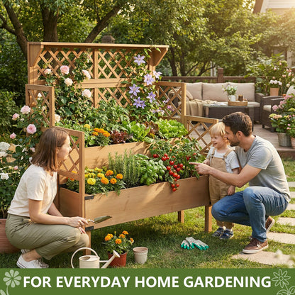 Raised Garden Bed with Trellis, 2-Tier Elevated Planter Box, Wooden Outdoor Planter for Vegetables Herbs Flowers, Lattice Back for Climbing Plants, Modern Minimal Design for Patio Balcony Backyard
