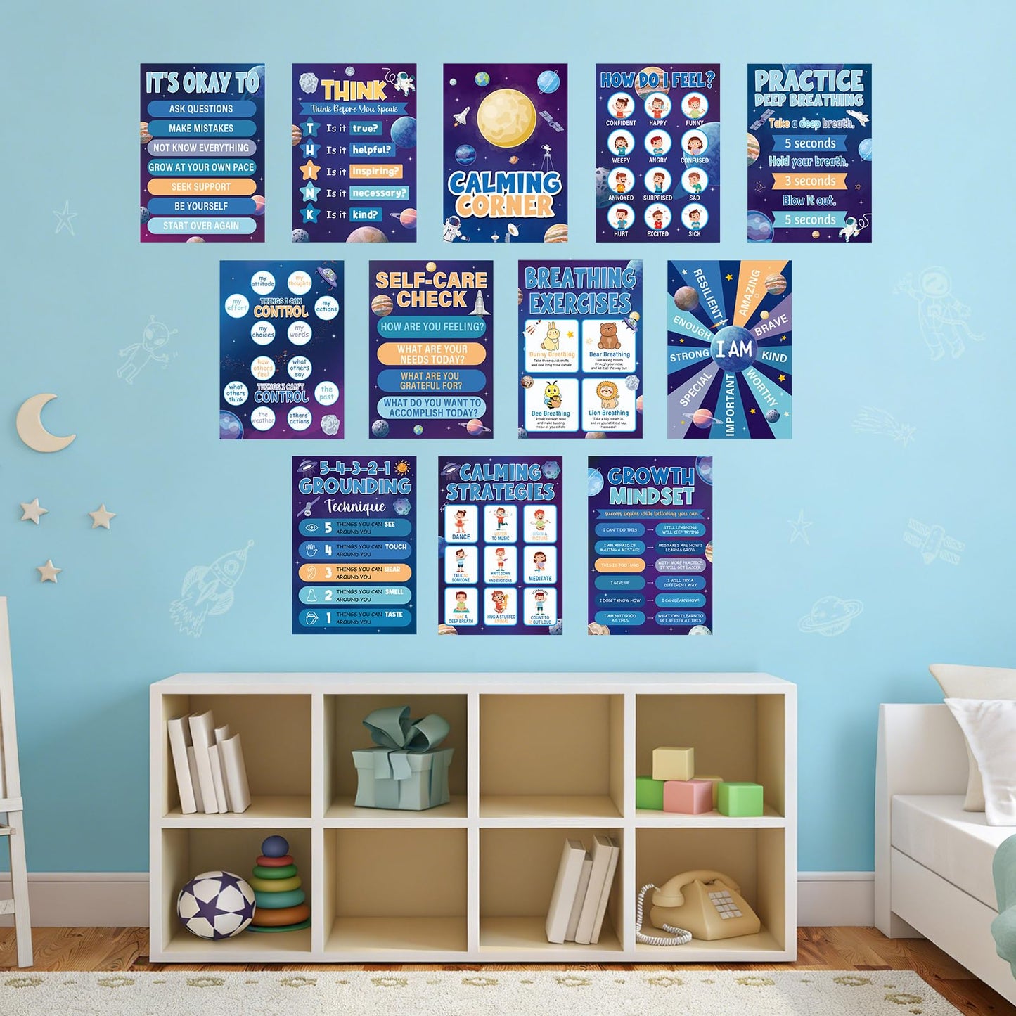12Pcs Calming Corner Posters for Classroom Space Emotions Feeling Poster for Kids Inspirational Back to School Wall Decor Solar System Mental Health Posters for School Office Home Teacher Supplies