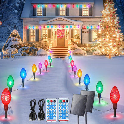 Minetom Solar Christmas Pathway Lights - 32FT 20 LED, 2 Pack, Multicolor Strawberry, Polycarbonate, 8 Modes with Timer