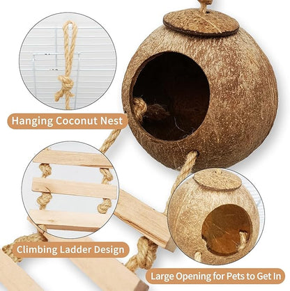 Tfwadmx 4 Pcs Coconut Hide with Ladder, Natural Coconut Fiber Hanging Birdhouse Cage, Coconut Bird Shell Breeding Nest for Parrot Parakeet Lovebird Finch Canary