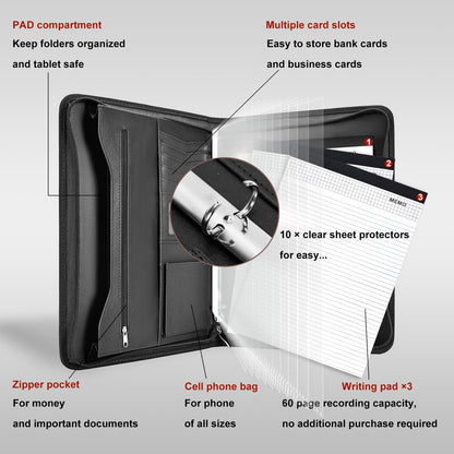 Leathario Portfolio Binder, Includes 10 Sheet Protectors and 3 Notepads, 3-Ring Folder Organizer, A4 Padfolio with Zipper, Vegan Leather Tablet Sleeve, Business Office Conference Clipboards