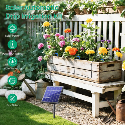 NFESOLAR 3W Solar Automatic Drip Irrigation Kit with LCD Timer, Customizable Watering Duration 1–30min & Interval 3h–7d, Anti-Siphoning Device for Potted Plants, Balcony, Garden, Patio, Vacation