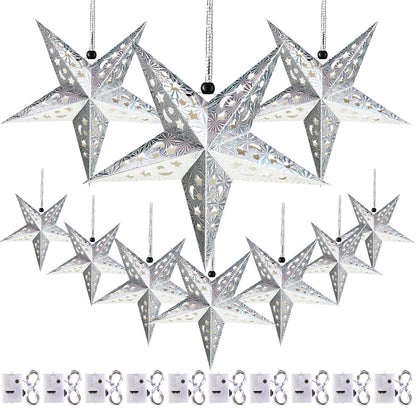 Zhanmai 10 Pcs Christmas Paper Star Lantern Lampshade 3D Hanging Lights with 20 LED, Silver