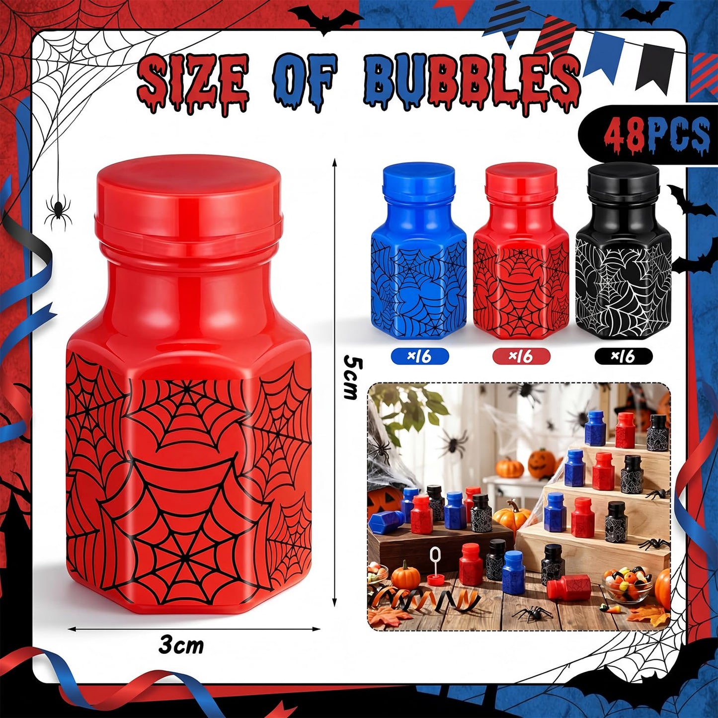 Hollowfly 48 Pcs Spider Party Favors Spider Bubble Wands Mini Bubble Bottles Birthday Party Supplies for Outdoor Activity Birthday Supplies Summer Gifts Goodie Bag Stuffers