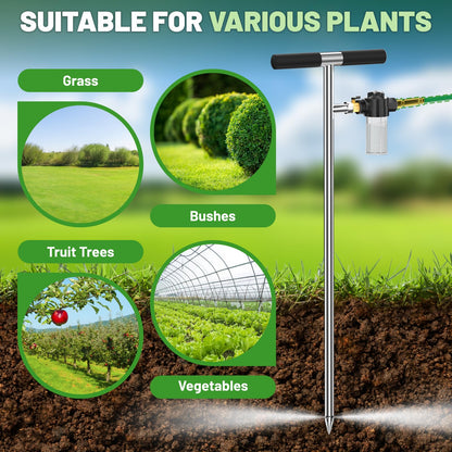 Hermsche Deep Root Tree Watering Tool, Stainless Steel Tree Watering Spike with Fertilizer Bottle, Root Feeder with Brass Valve T-Handle, Irrigation System Watering Stake for Garden Orchard Shrub