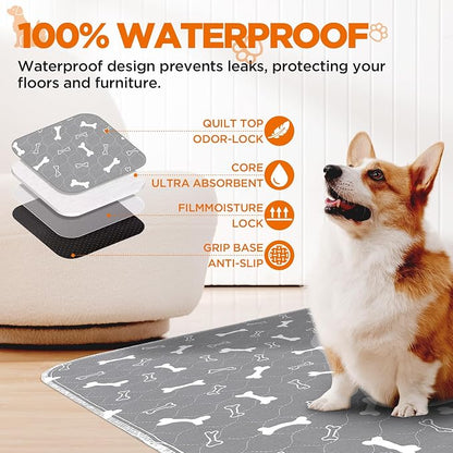 Washable Pee Pads for Dogs, 2 Pack Large Reusable Puppy Pads, Non-Slip Waterproof Dog Mats for Floors, Fast-Absorbent Whelping Pad, Playpen Mat for Crate or Indoor Use (36"x48", Gray)