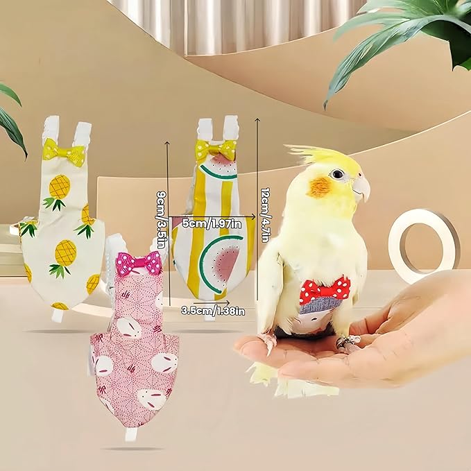 2Pcs Bird Diapers Bird Harness Flight Suits Diapers with 80 Inch Flying Leash Parrot Nappy Washable Cute Urine Wet Suit for Cockatiel Conure Macaw Budgies Parakeet-Kitten&Watermelon,S