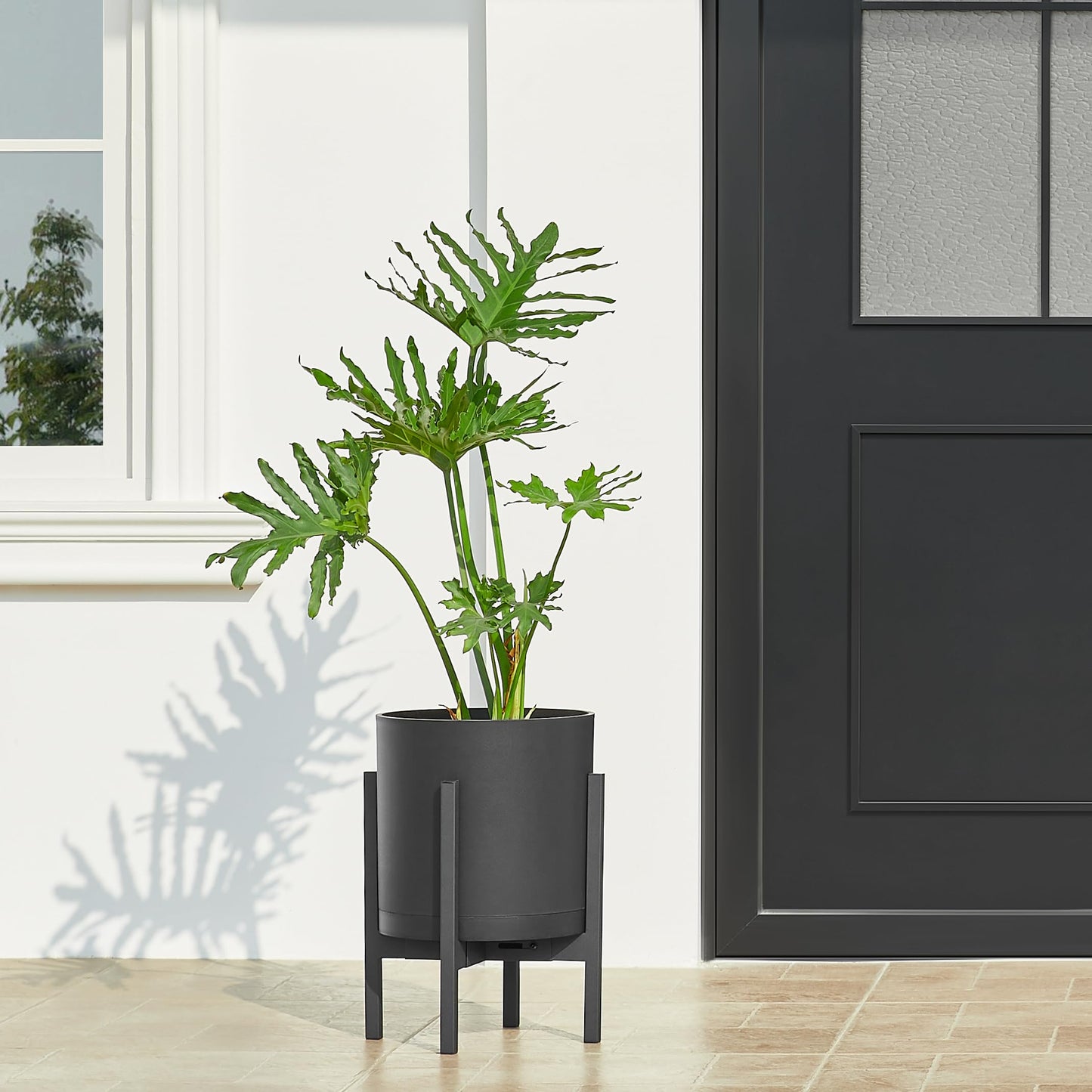 FaithLand 12-Inch Large Modern Cylinder Planter, Thick-Walled Plastic Plant Pot with Drainage Holes and Detachable Saucer, Matte Black, Ideal for Indoor & Outdoor Plants Flowers