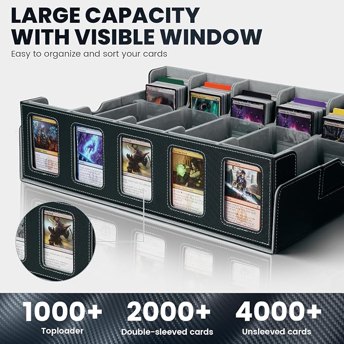 Trading Card Storage Box with Handle, 5-Row Portable Leather Game Case for 4000+ Cards,Grey Card Collection Box with Commander Display Window for MTG, Yugioh, and Sports Cards Gifts for Card Collector