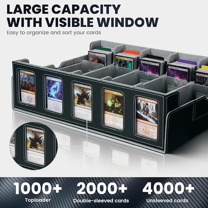 Trading Card Storage Box with Handle, 5-Row Portable Leather Game Case for 4000+ Cards,Grey Card Collection Box with Commander Display Window for MTG, Yugioh, and Sports Cards Gifts for Card Collector