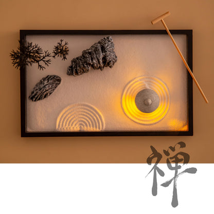 Cularve Illuminated Zen Garden for Desk, Sand Tray Therapy Kit with Glowing Stone Lantern, Japanese Zen Garden Kit, Stress Relief Gifts, Desk Decoration.