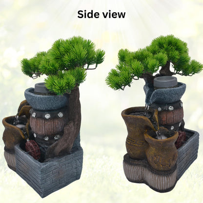 14.5-Inch Tabletop Water Fountain with Bonsai Tree, 3 Cascading Pots, Elegant 3-Tier Rock Garden, Serene Meditation Gift with Waterfall Sounds for Home/Office