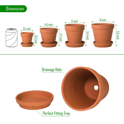D'vine Dev Set of 4 Small Clay Planters, 3 Inch 4.5 Inch 5 Inch 6 Inch Terracotta Plant Pots with Drainage Hole and Saucers for Indoor Plants, 588-57-1