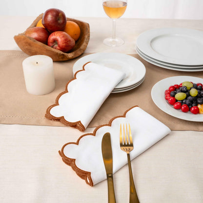 Blue Needles Scalloped Embroidery Cloth Napkins - 100% Cotton Set of 4 White Cloth Napkins with Scallop Design, 17 X 17 Inch Soft, Reusable, Washable Spring Summer Easter Table Decor - Edges - Rust