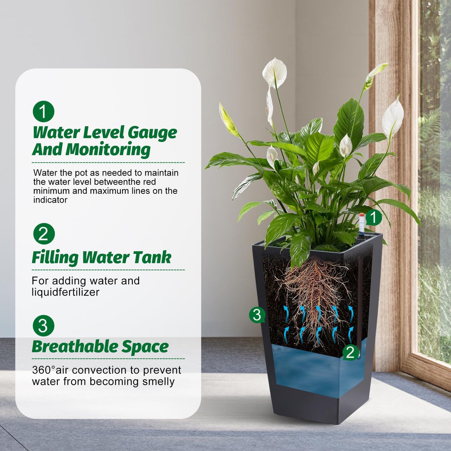 Liyaxenug Tall Planters Set of 2, 22.5 Inch Self-Watering Outdoor Indoor Plant Pot with Water Level Monitor & Drainage Holes, Large Modern Flower Pot with Inner Bucket, Trays & Wheels – Black