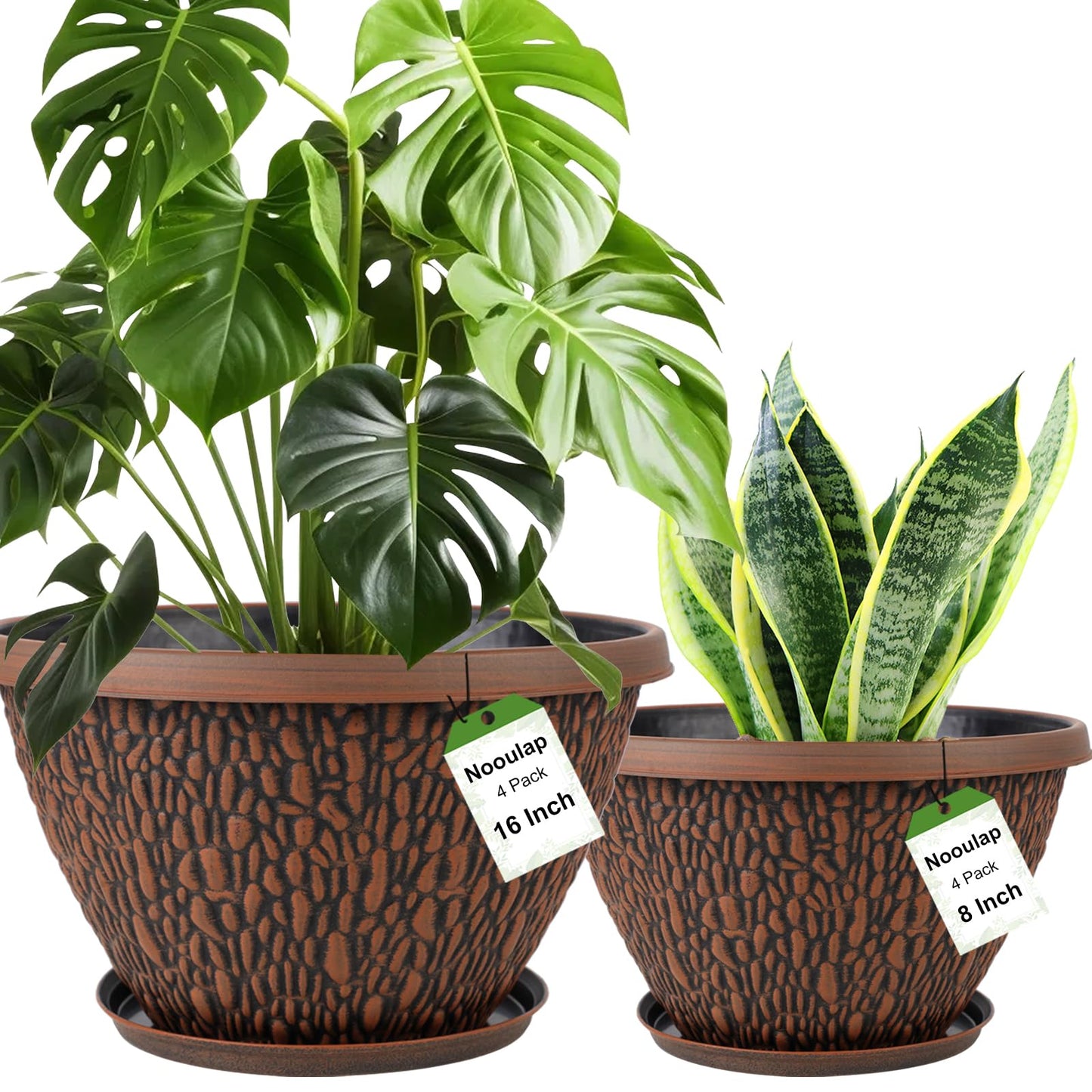 Nooulap 4 Pack 8 inch Small Plant Pots and 4 Pack 16 inch Large Flower Pots, for Indoor Outdoor Plants, Plastic Flower Pots Outdoor with Drainage Hole & Tray, Lightweight Planters Garden Home Decor