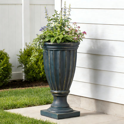 Christopher Knight Home 26.77 Inch Tall Fluted Pedestal Urn Planter MGO Outdoor Flower Pot Faux Stone Garden Planter for Patio Porch Entryway Decor, Antique Green