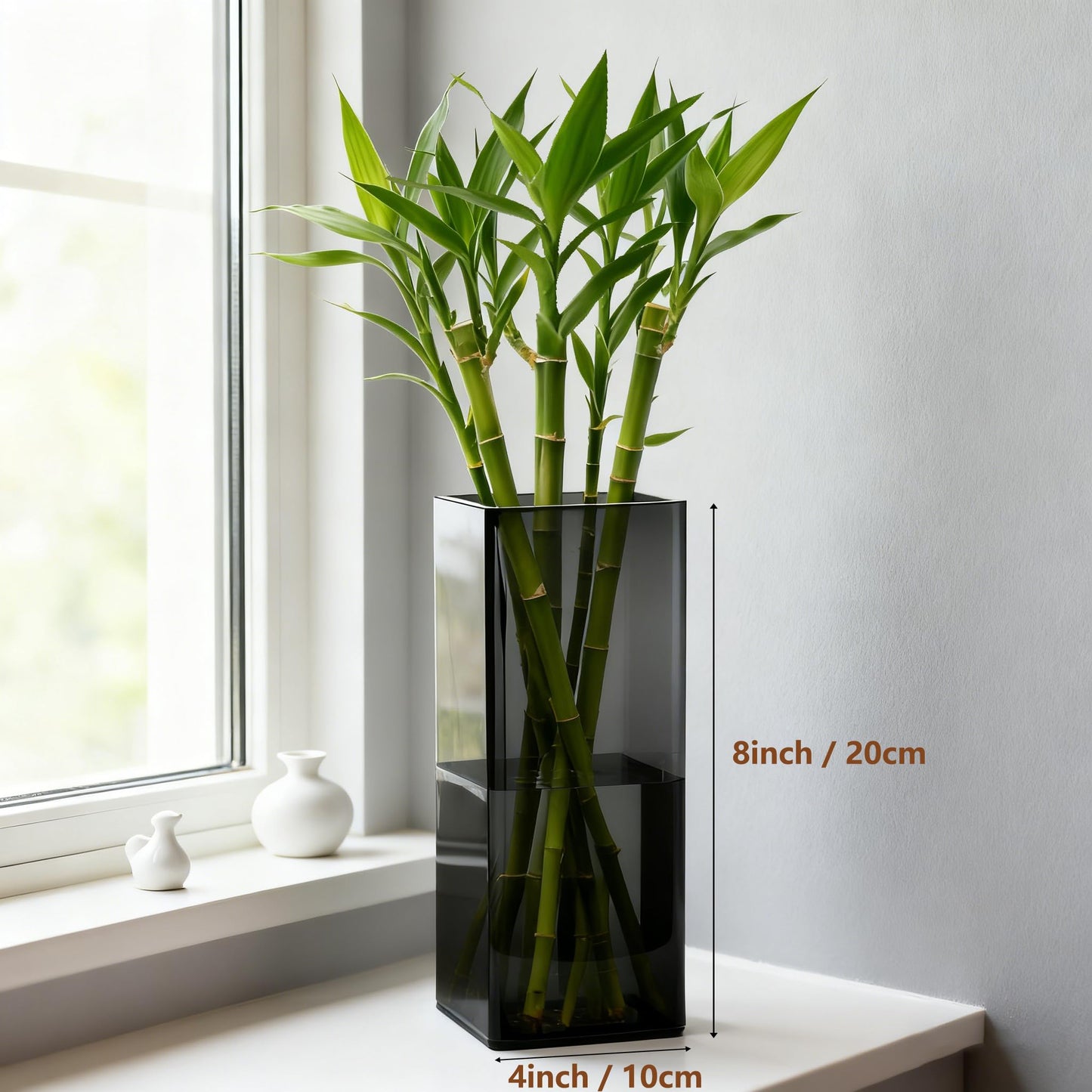 Guluto Acrylic Square Flower Vase, Non-breakable Vase, 4" x 4" x 8" Tall Grey Vases for Flower, Large Cube Floral Plant Container, Planter Terrarium for Wedding Party Event, Home Office Decor