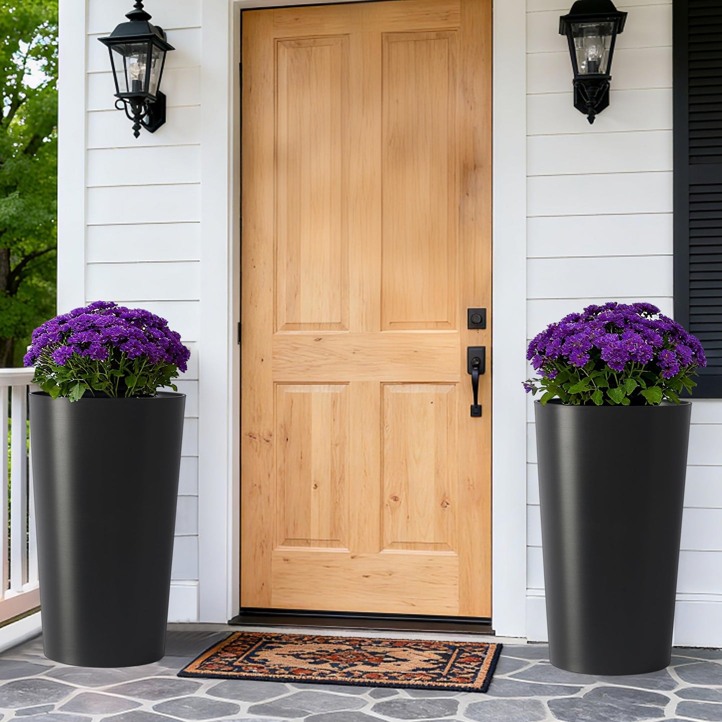 JLXMROSE 2 Pack Tall 21.7 in Planters for Outdoor Plants, Modern Tall Square Planter Box, Indoor/Outdoor Porch Patio Flower Pot, Modern Big Tapered Matte Tree Flower Pot for Garden (Black)