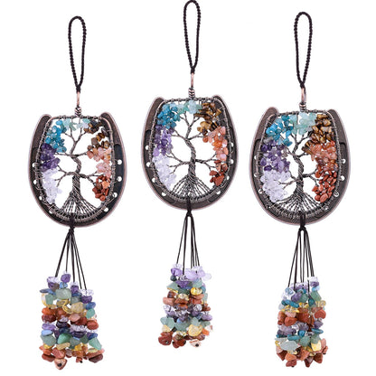 rockcloud Horseshoe with Crystals Tassel Wall Hanging Ornament, Tumbled Chips Gemstones Window Pendant for Home Office Car Meditation Decor, Mixed Stones