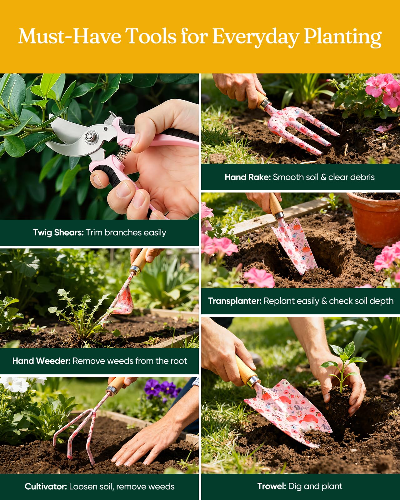 Grenebo 12-Piece Gardening Tools Set, Floral Print Garden Tool Set Gift, Rust-Proof & Heavy-Duty Trowel, Rake, Weeder, Pruner with Hard Case, Gardening Gifts for Women, Mom & Plant Lovers (Pink)