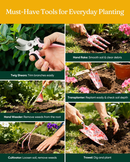 Grenebo 12-Piece Gardening Tools Set, Floral Print Garden Tool Set Gift, Rust-Proof & Heavy-Duty Trowel, Rake, Weeder, Pruner with Hard Case, Gardening Gifts for Women, Mom & Plant Lovers (Pink)