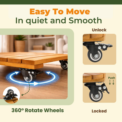 Jurax 14 Inch Wood Plant Caddy with Wheels – Heavy Duty Plant Dolly Holds Up to 286 lbs, 360° Lockable Casters, Rolling Plant Stand Indoor Outdoor for Large Pots – 2 Packs, Square-Golden Teak
