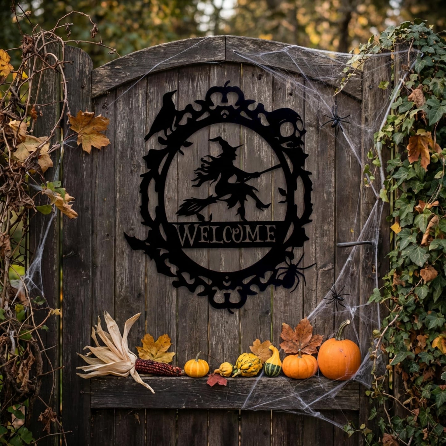 Gothic Witch Welcome Sign, Black Metal Wall Decor with Witch Design,15.63 x 12.6 inch, Indoor Outdoor Decorative Plaque