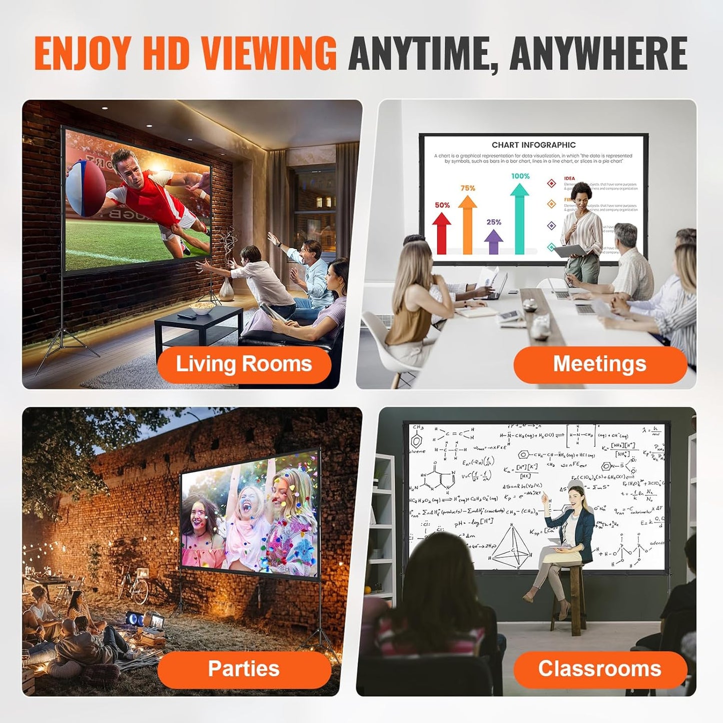 VEVOR Projector Screen with Stand, 120 inch 16:9 4K 1080 HD Outdoor Movie Screen with Stand, Wrinkle-Free Projection Screen with Tripods and Carry Bag, for Home Theater Cinema Backyard Movie Night